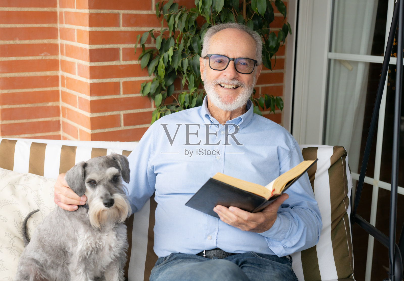 一个年长的男人坐在家里的露台上和他的狗一起享受一本好书的放松。照片摄影图片