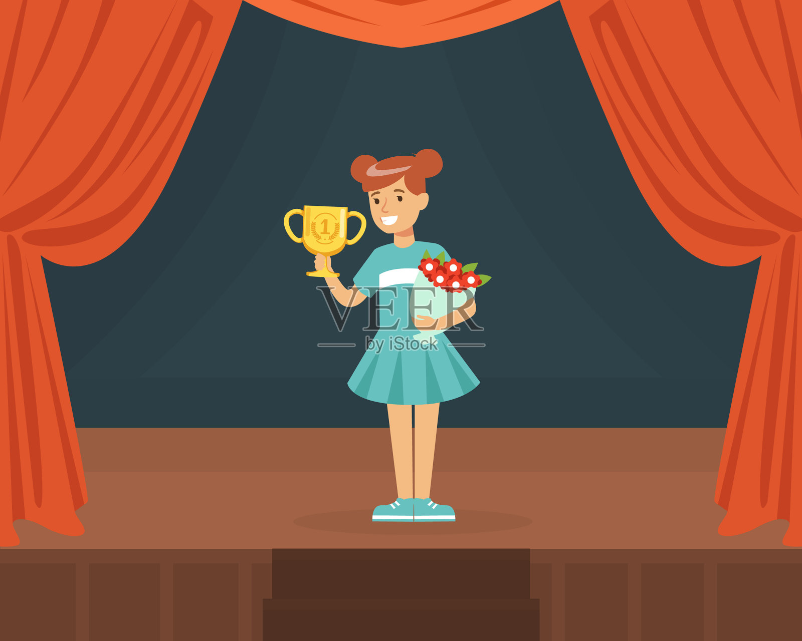 带着金杯奖的微笑女孩和一堆插画图片素材