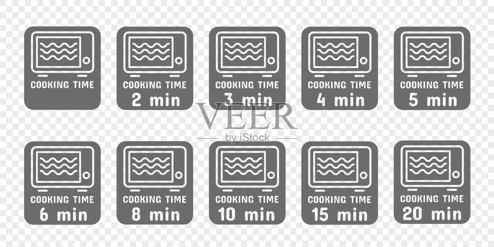 烹饪和加热时间在微波炉。指示符号和图标。向量插画图片素材