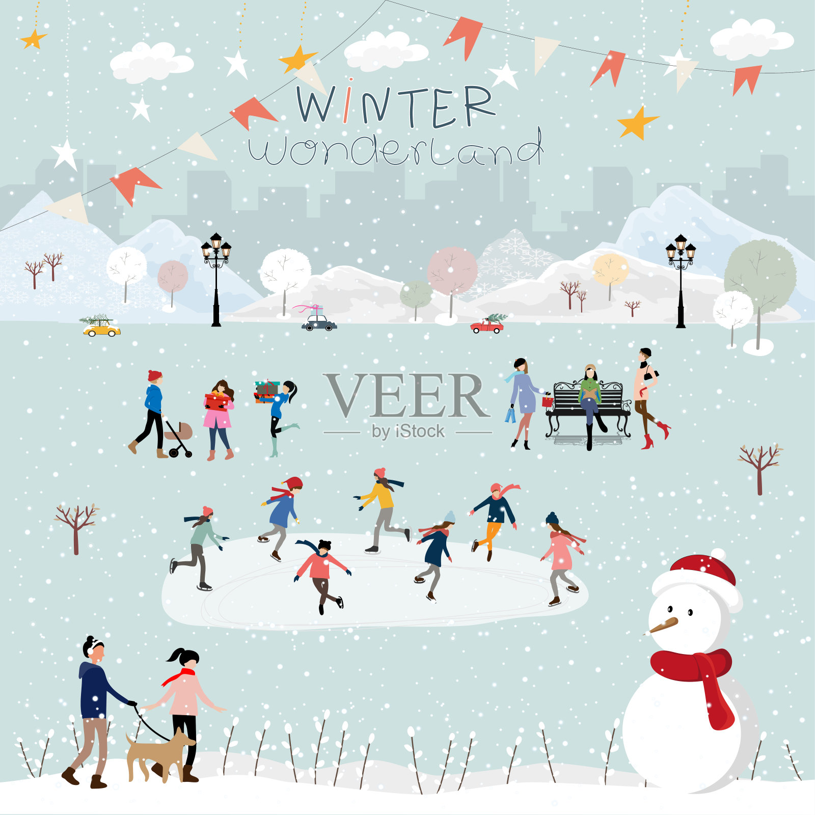 冬天的风景在夜晚与人们在新年做户外活动，圣诞节在村庄与人们庆祝，孩子玩溜冰，青少年滑雪与下雪插画图片素材