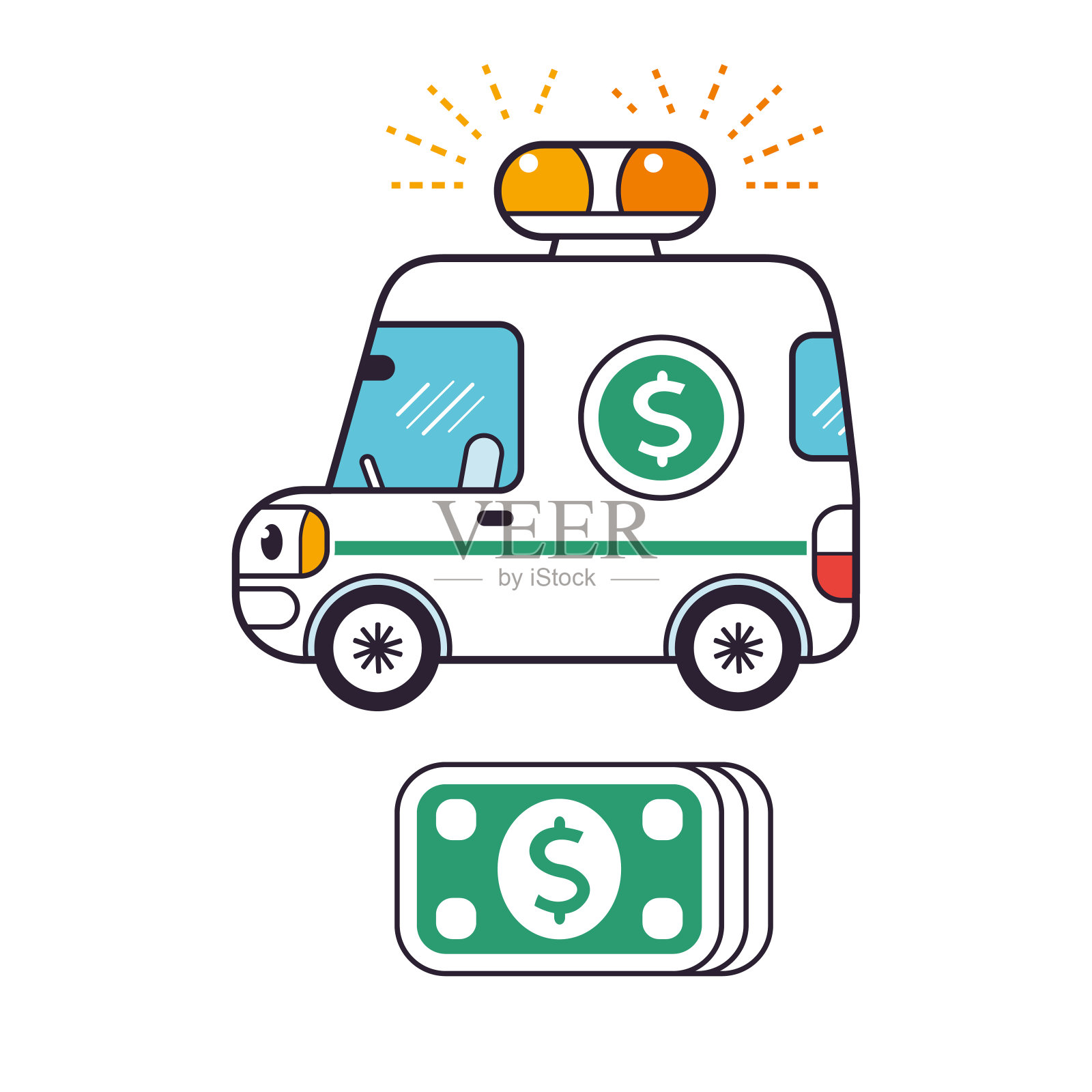 银行汽车和美元钞票堆插画图片素材