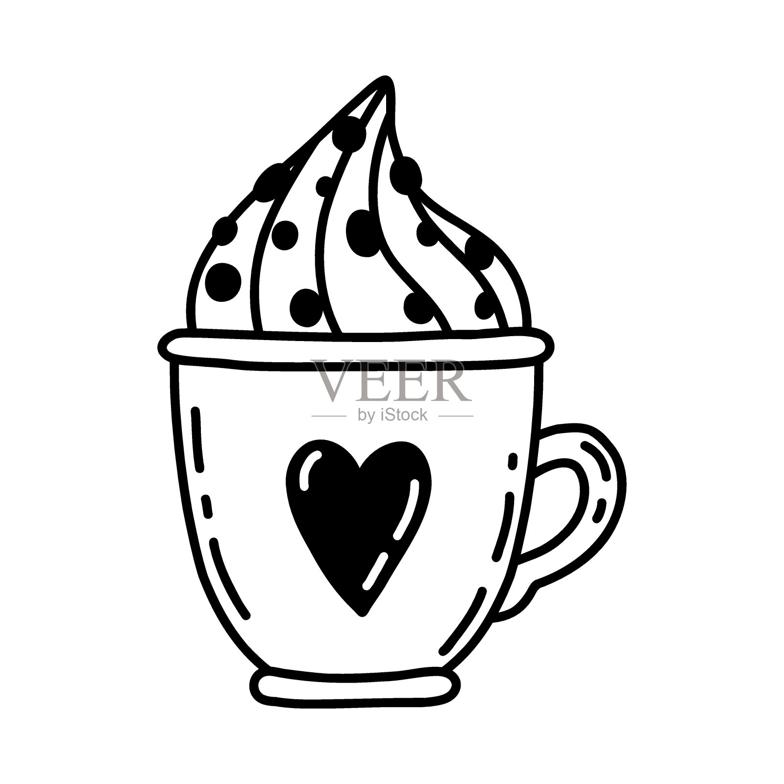 矢量涂鸦插图与一杯泡沫咖啡与点缀。可爱的杯子有爱心。插画图片素材