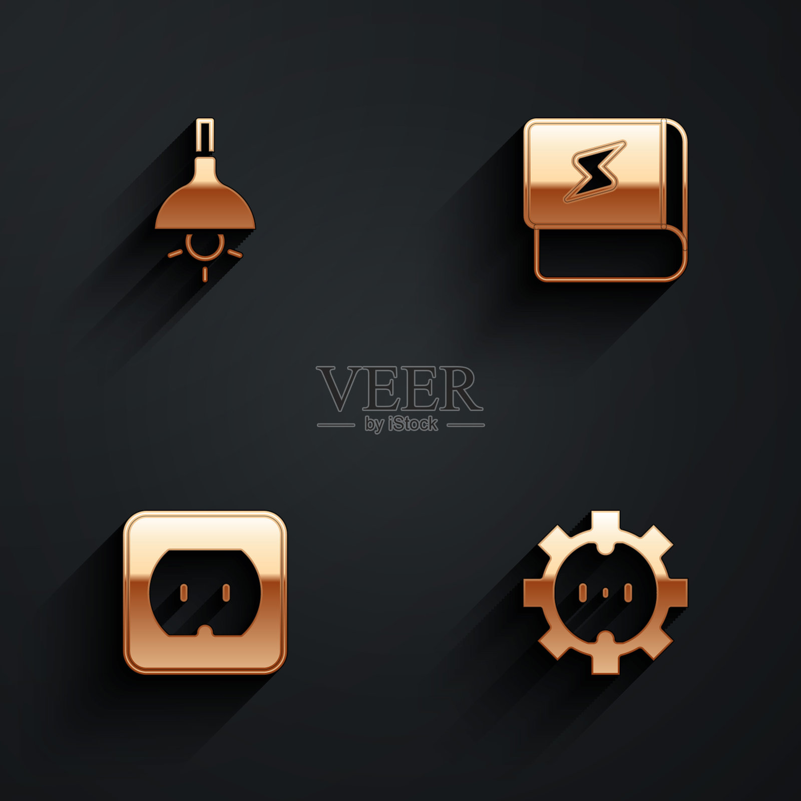 设置灯悬挂，书关于电，电源插座和图标与长影子。向量图标素材