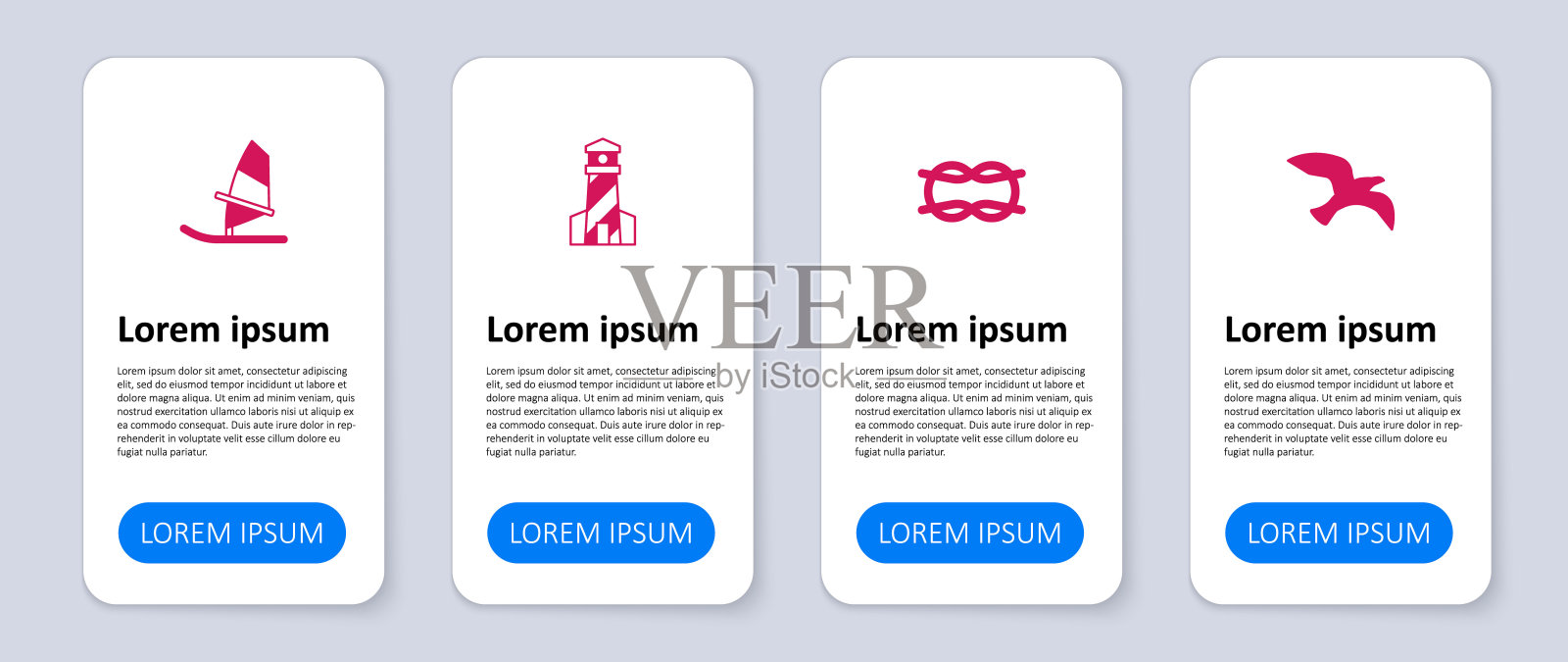 设置鸟海鸥，航海绳结，灯塔和风帆冲浪。业务信息模板。向量设计模板素材