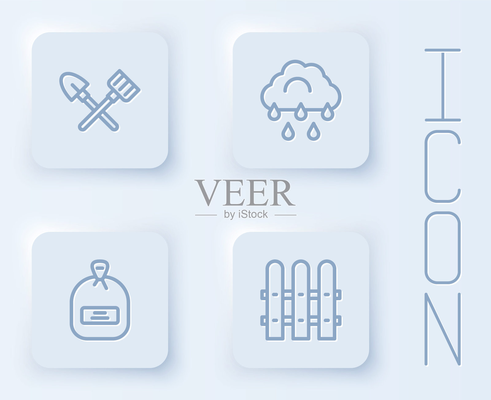 设线铲和耙，云与雨，装满种子和花园篱笆木。白色正方形按钮。向量插画图片素材