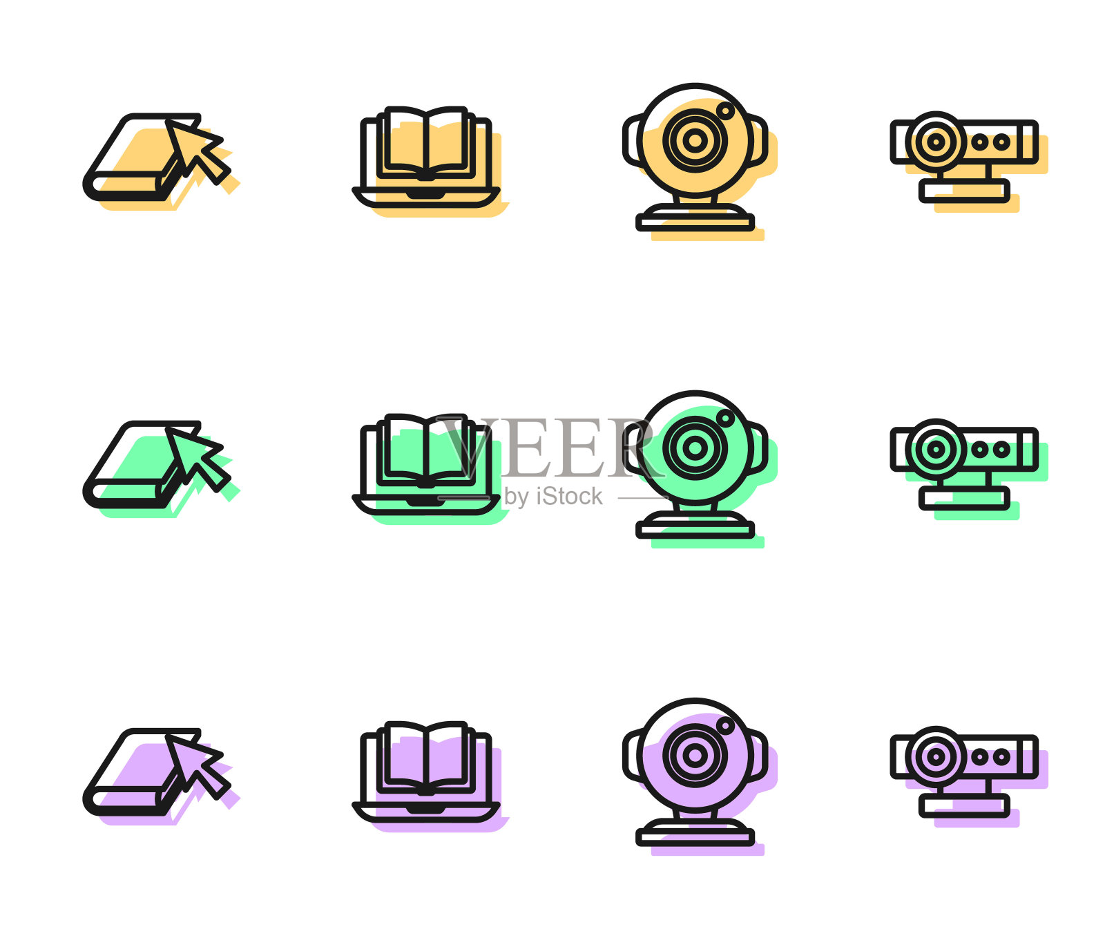 设置线网络相机，在线图书，类和图标。向量图标素材