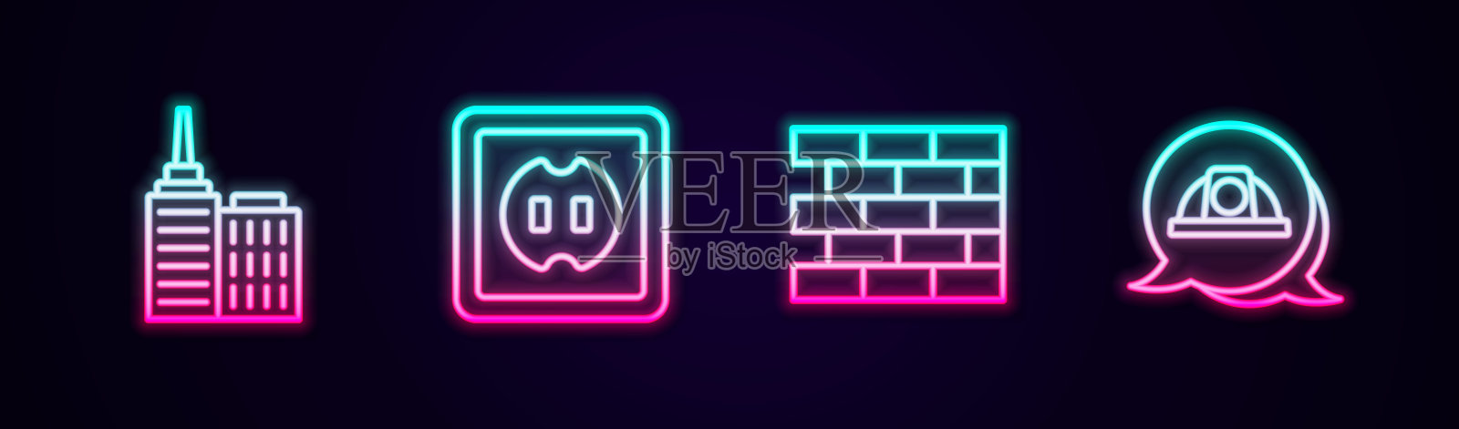 设置线城市景观，电源插座，砖和工人安全帽。发光的霓虹灯图标。向量图标素材