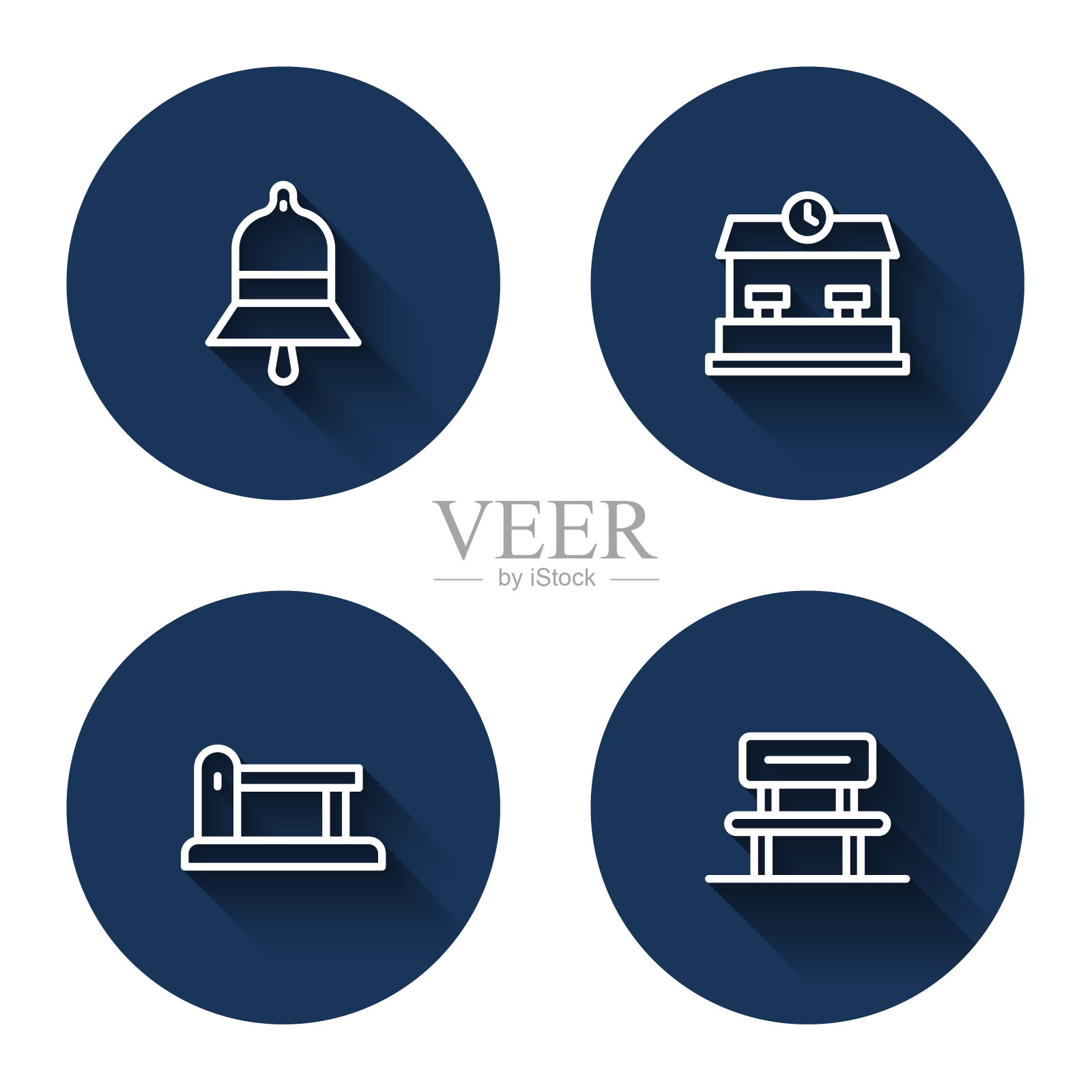 设置线车站铃声，铁路，屏障和等候大厅与长影。蓝色圆按钮。向量图标素材