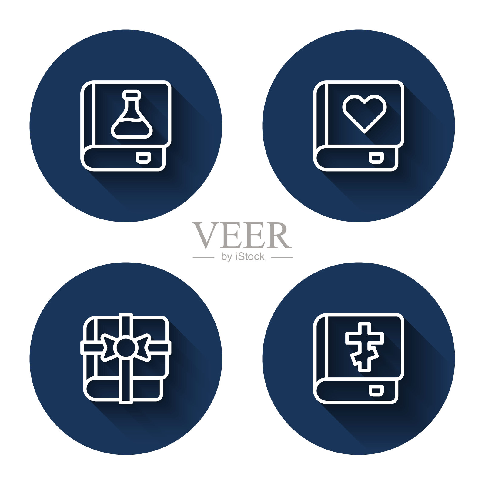 集线条化学书，浪漫书，礼品书和圣经长影。蓝色圆按钮。向量图标素材