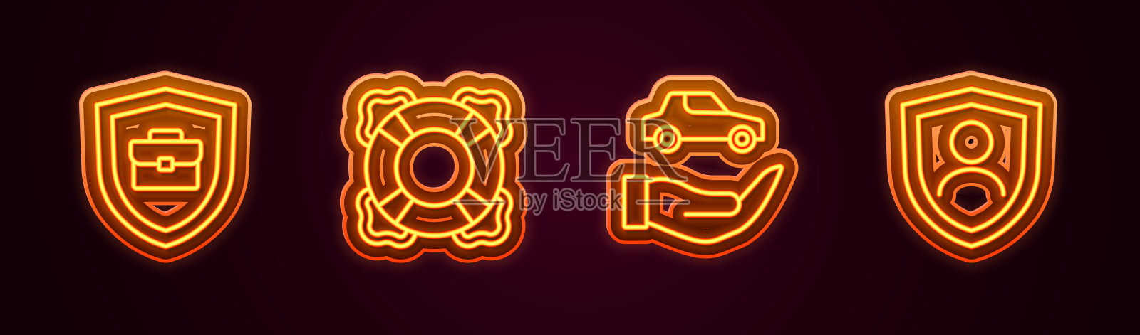 设置线公事包与盾牌，救生圈，汽车保险和。发光的霓虹灯图标。向量插画图片素材