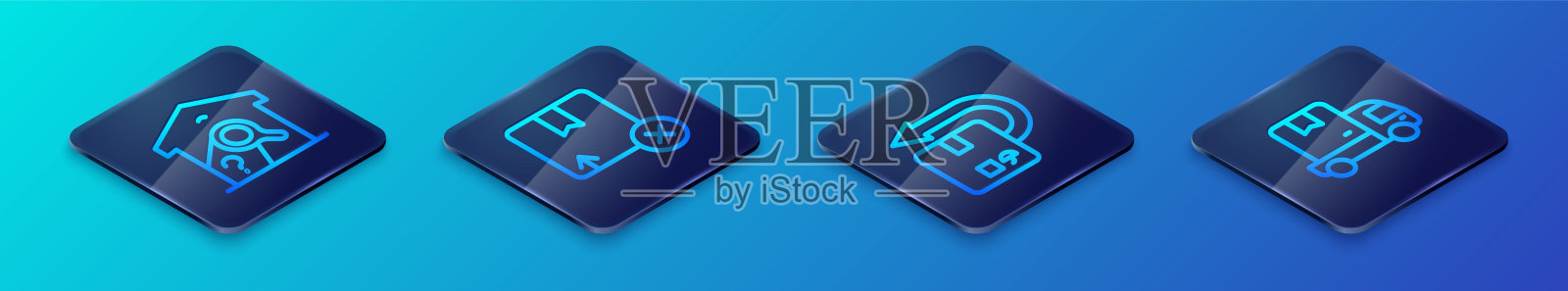 设置等距线返回纸箱，仓库检查，送货卡车和纸箱图标。向量插画图片素材