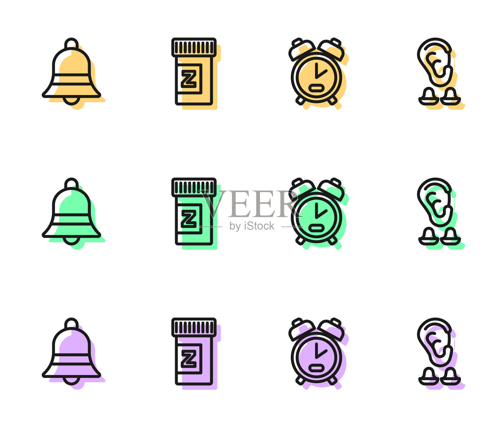 设置线闹钟，铃声，安眠药和耳塞和耳朵图标。向量图标素材