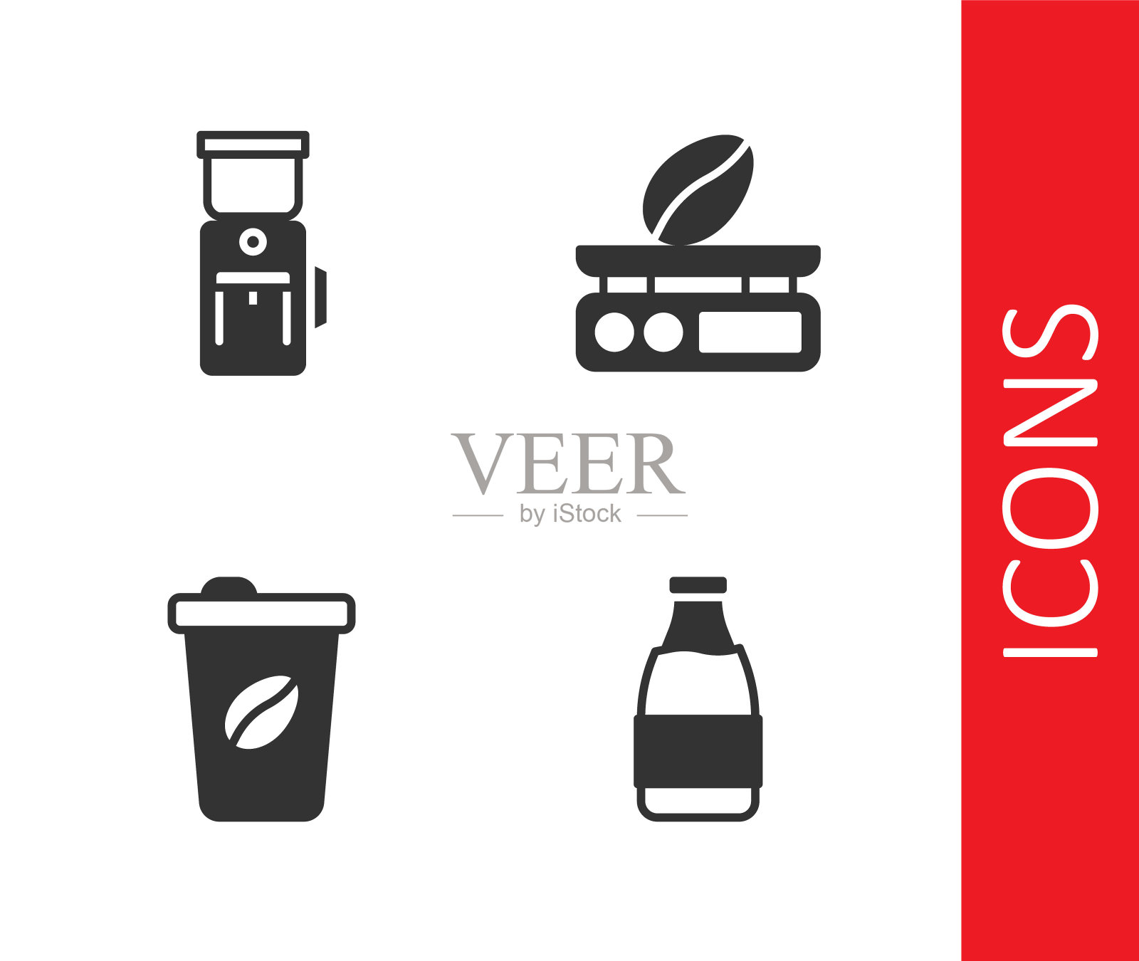 设置奶瓶，电动咖啡研磨机，咖啡杯和电子秤图标。向量图标素材