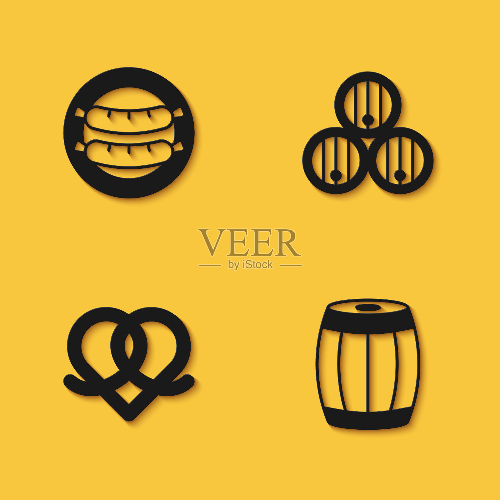 设置香肠，木桶，椒盐卷饼和图标与长影子。向量图标素材