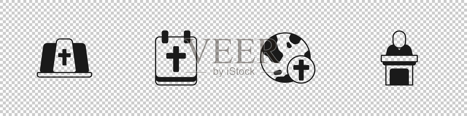 设置教皇帽，日历与复活节，基督教十字架地球仪和教堂牧师布道图标。向量图标素材