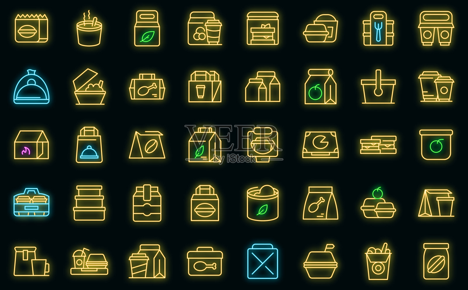 外卖食品和饮料图标集，勾勒风格图标素材