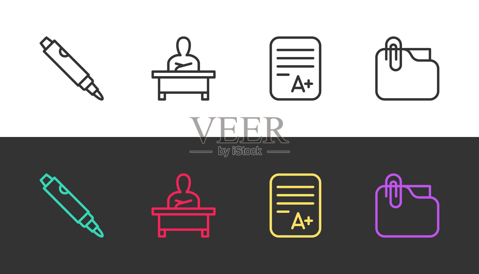 设置线标记笔，学生坐在桌旁，考试表与A +等级和文件文件夹夹在黑白。向量图标素材