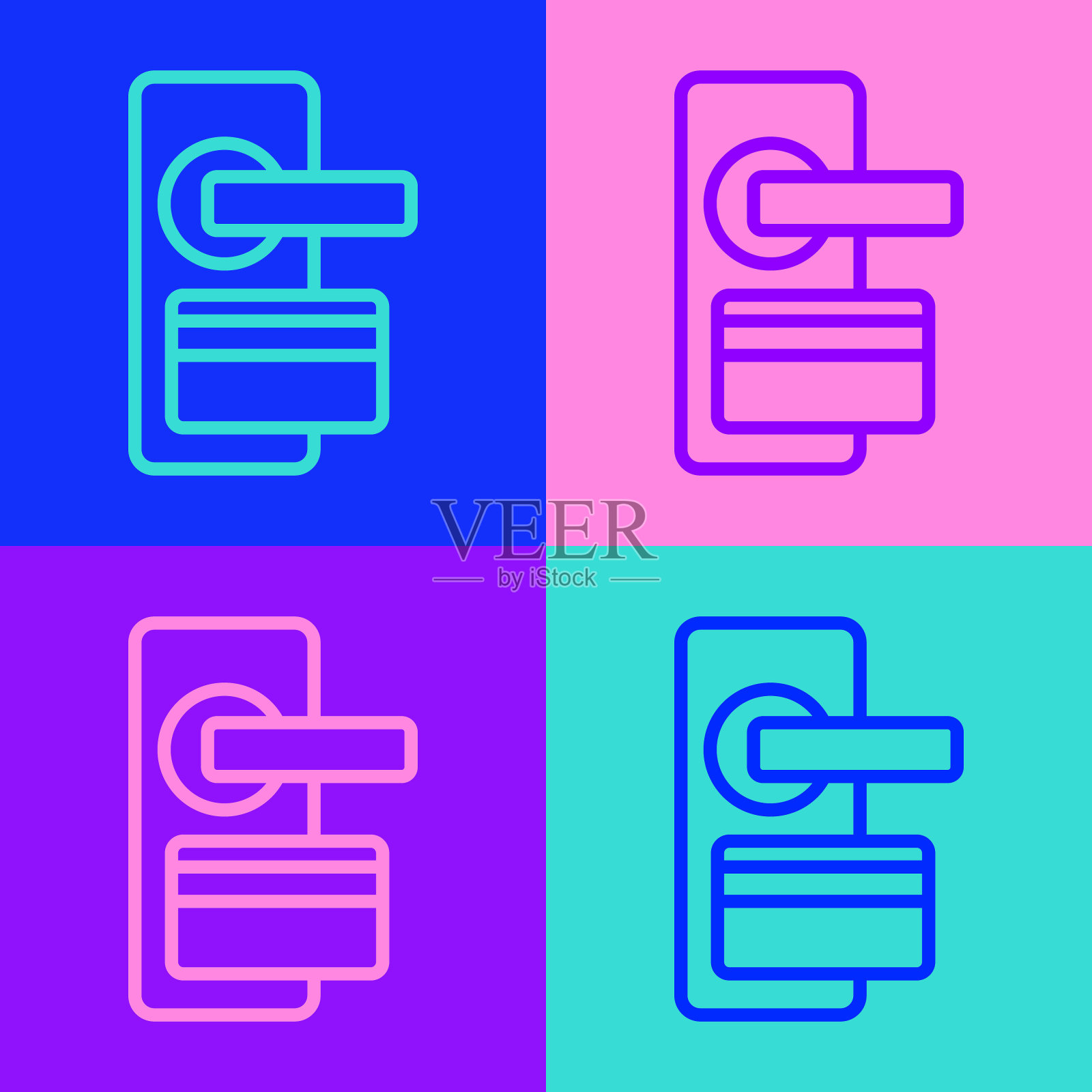 流行艺术线数字门锁与无线技术解锁图标孤立的颜色背景。门把手的迹象。安全智能家居。向量图标素材