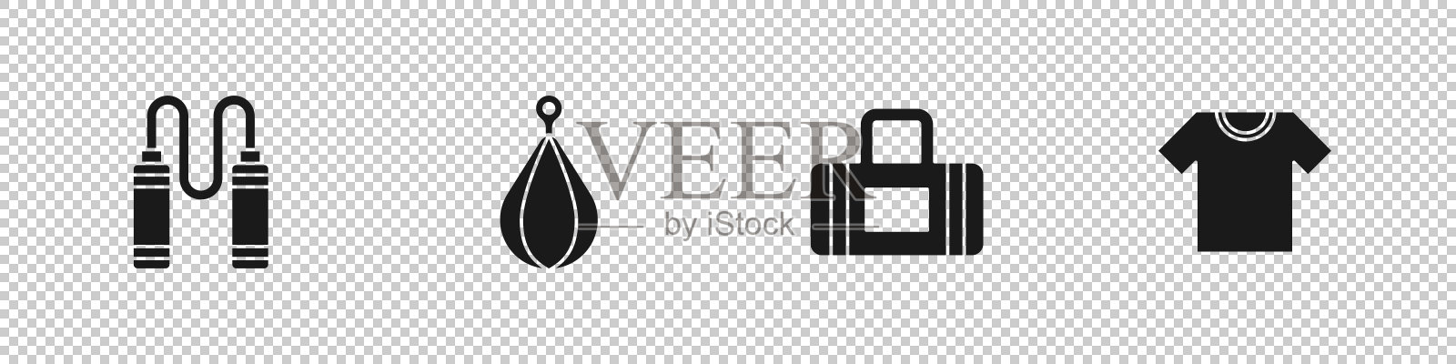 设置跳绳，拳击袋，运动和t恤图标。向量图标素材