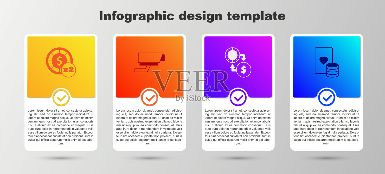 设置赌场筹码，监控摄像头，兑换钱币和扑克牌。业务信息模板。向量设计模板素材