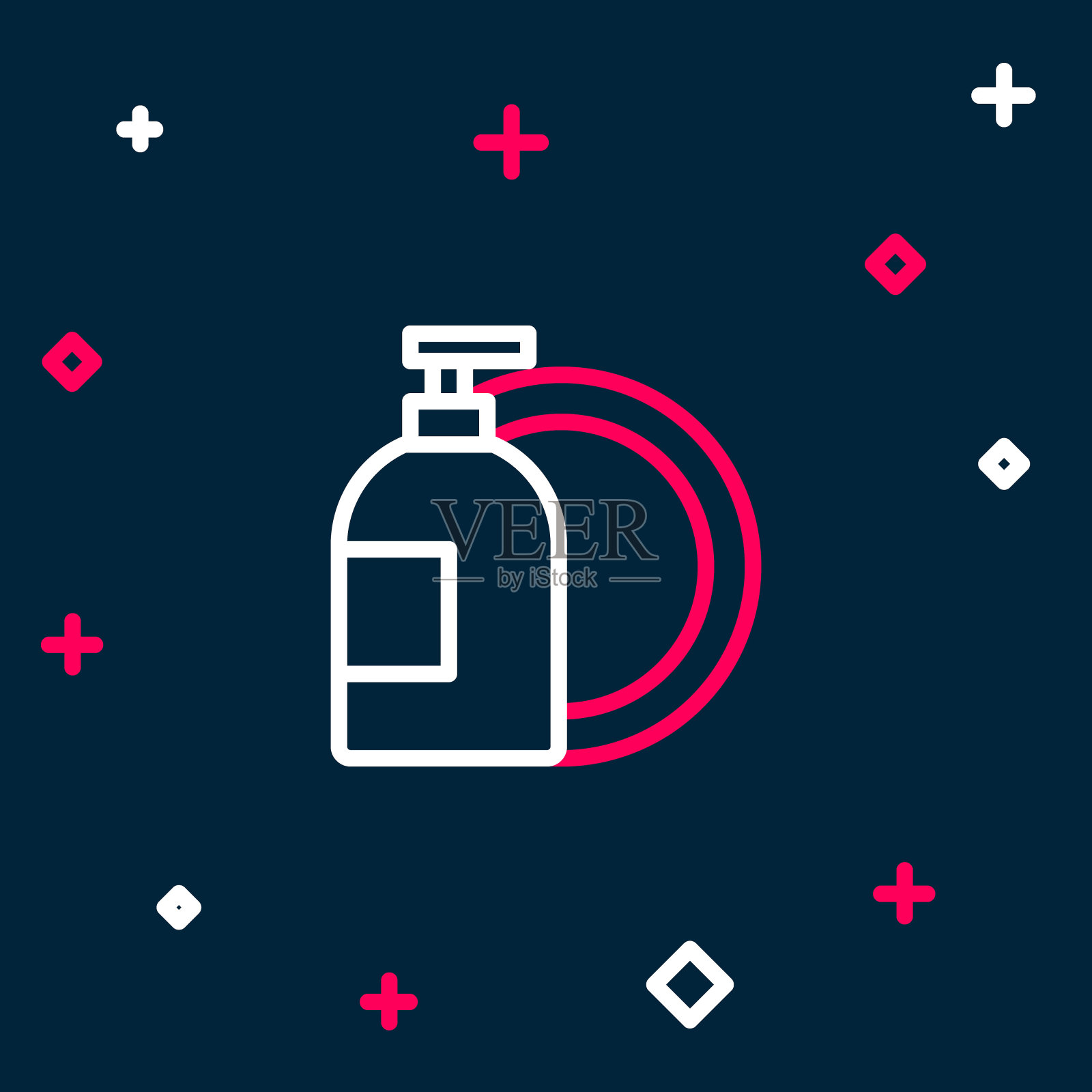 线洗碗液瓶和盘子图标孤立在蓝色的背景。洗碗用的液体洗涤剂。色彩斑斓的轮廓的概念。向量图标素材