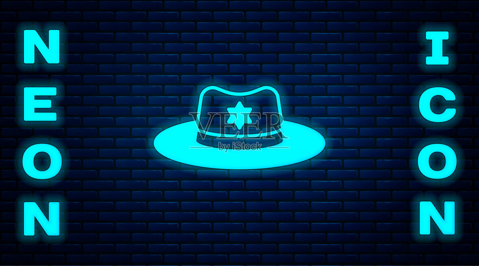 发光的霓虹灯警长帽与徽章图标孤立在砖墙背景。向量插画图片素材