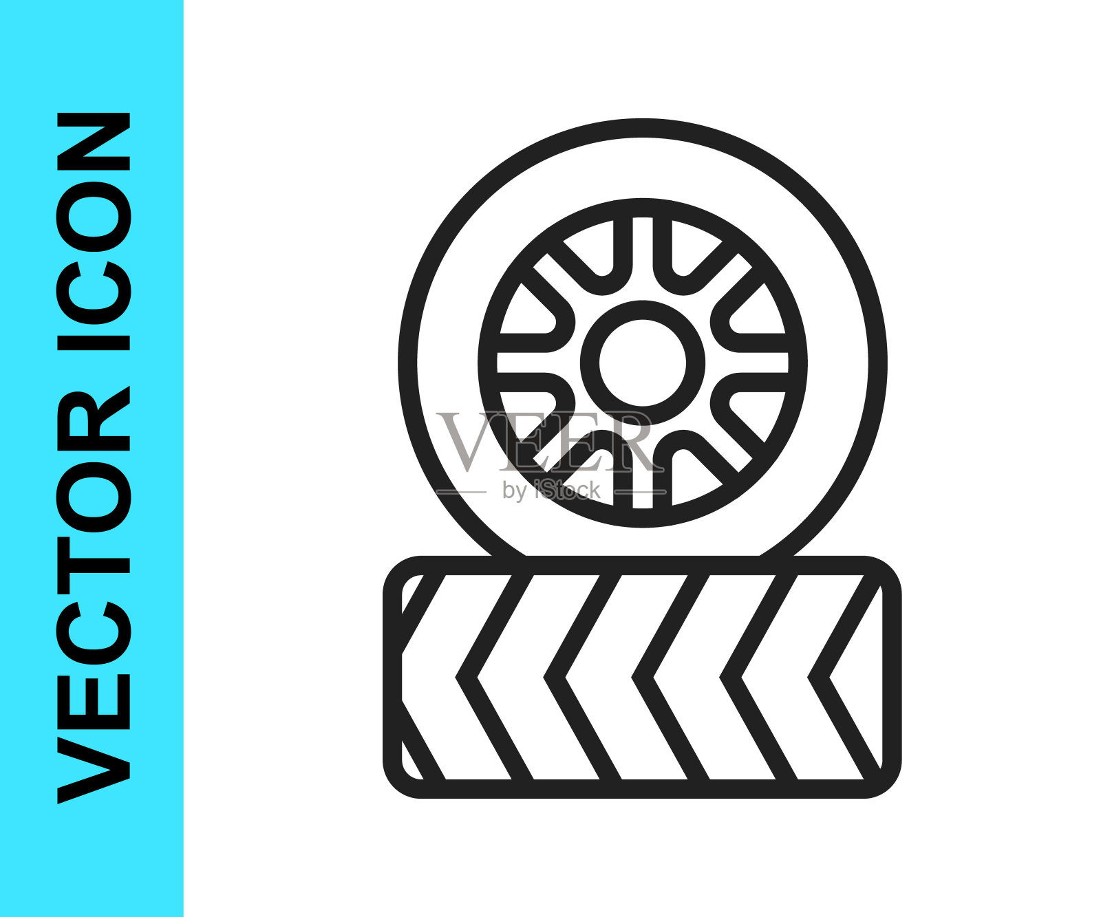 黑色线汽车轮胎车轮图标孤立在白色背景。向量图标素材