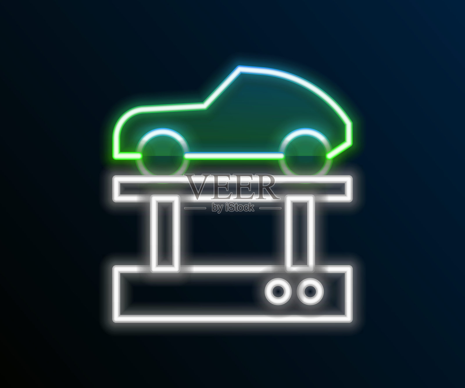 发光的霓虹灯线修理汽车的升降机图标孤立在黑色的背景。修理车底、悬挂、车轮和发动机。色彩斑斓的轮廓的概念。向量插画图片素材