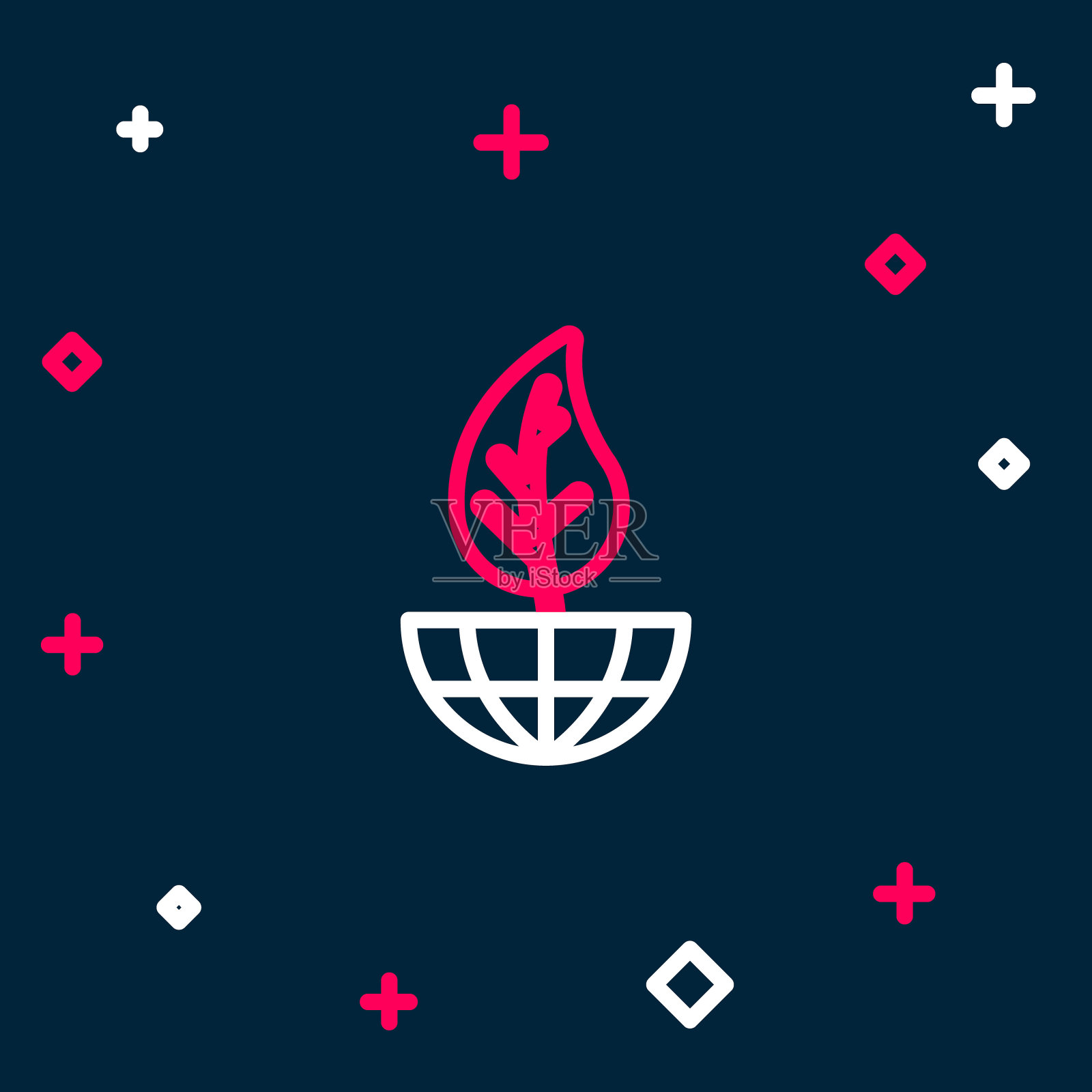 线地球地球仪和叶子图标孤立的蓝色背景。世界或地球星座。几何形状。环境的概念。色彩斑斓的轮廓的概念。向量插画图片素材