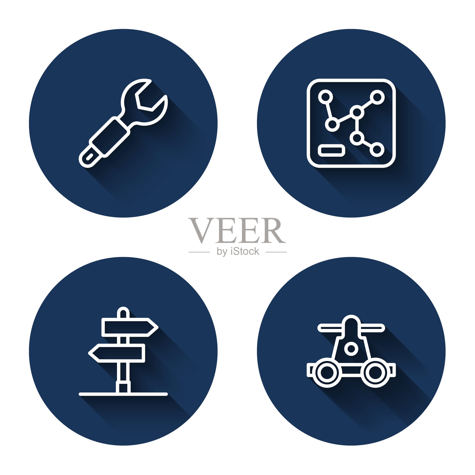 集线扳手扳手，铁路地图，道路交通标志和手车运输与长影。蓝色圆按钮。向量图标素材