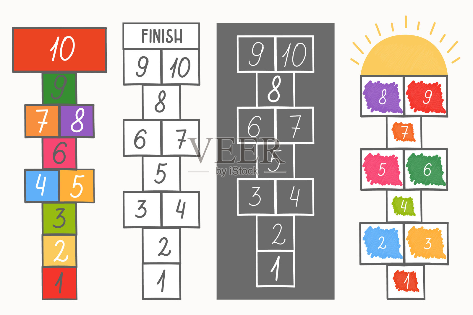 跳房子儿童活动游戏。4种类型的游戏。画在沥青粉笔上，地板上的纸或塑料上。跳上细胞插画图片素材