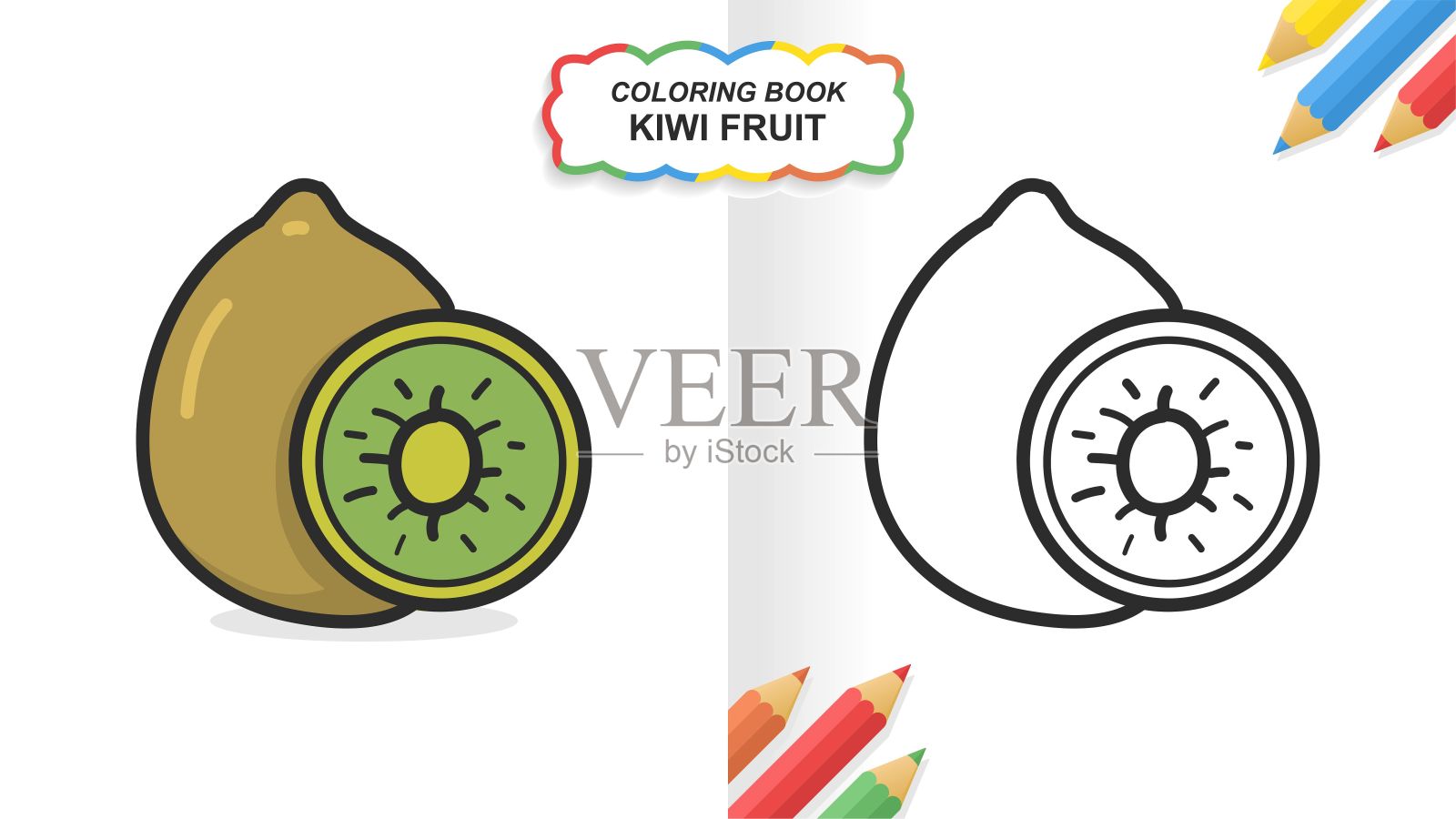 猕猴桃手绘上色书供学习。平面颜色准备打印插画图片素材