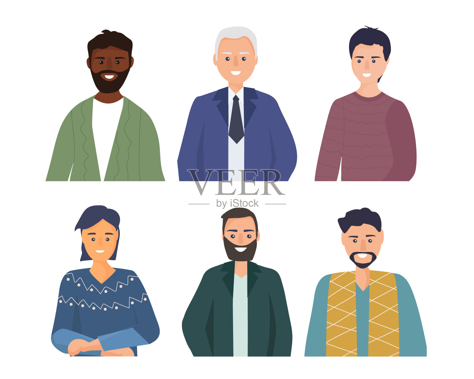 设置不同性别、年龄、不同民族、种族的男性肖像。矢量平面插图插画图片素材