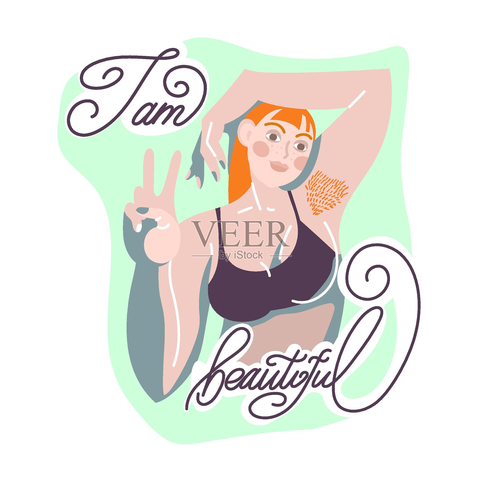 腋窝没有刮毛的女孩。书法我很漂亮。一个红头发女人的插图。插画图片素材