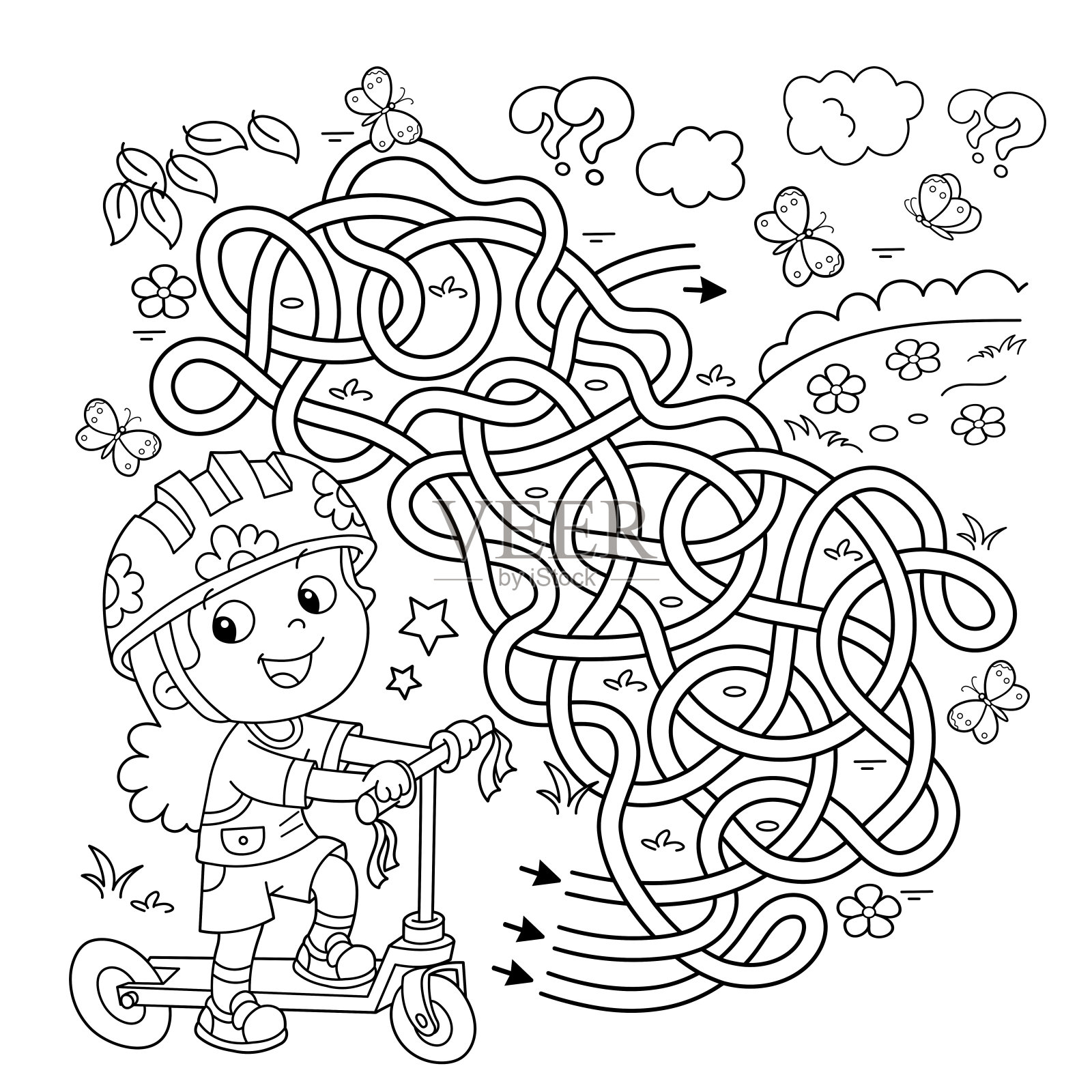 迷宫或迷宫游戏。谜题。错综复杂的道路。着色页轮廓卡通女孩与滑板车。体育活动。儿童涂色书。插画图片素材