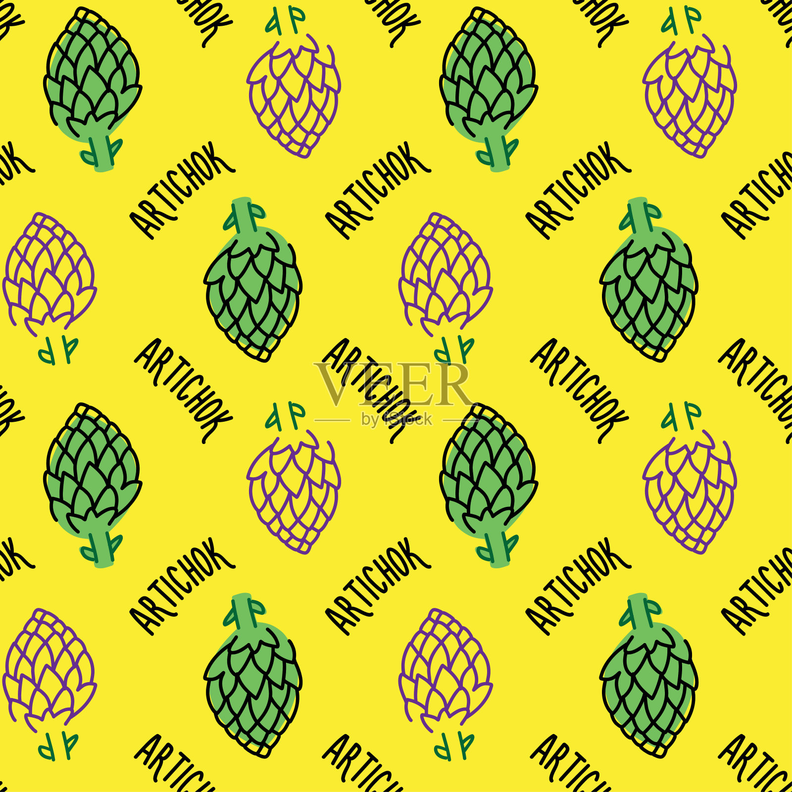 夏季明亮无缝的洋蓟图案和在浅绿色背景上流行艺术风格的字洋蓟插画图片素材