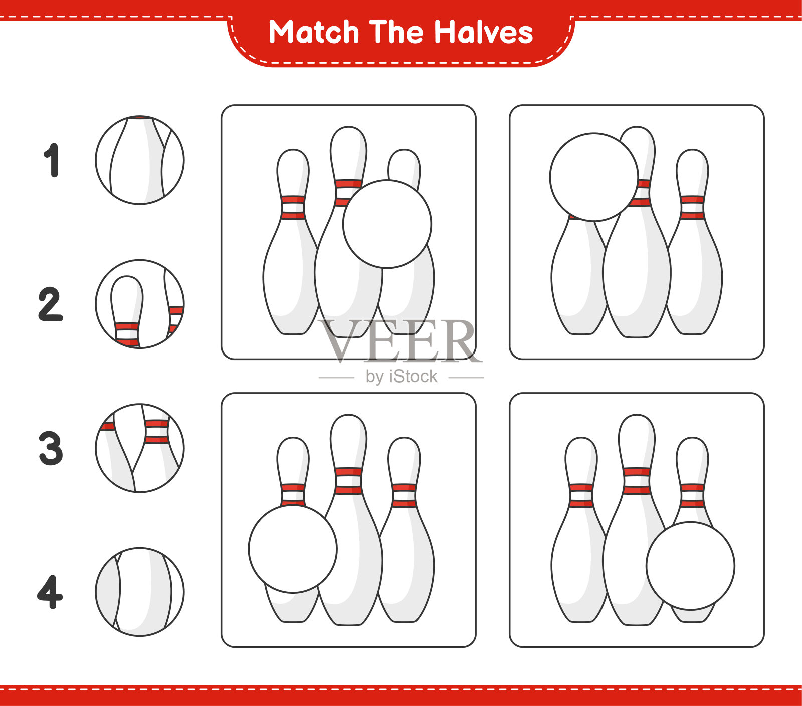 匹配的部分。比赛一半的保龄球瓶。教育儿童游戏，可打印的工作表，矢量插图插画图片素材