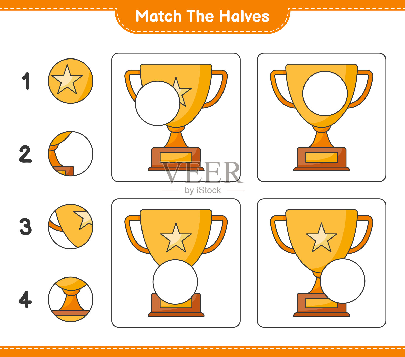 匹配的部分。比赛一半的奖杯。教育儿童游戏，可打印的工作表，矢量插图插画图片素材