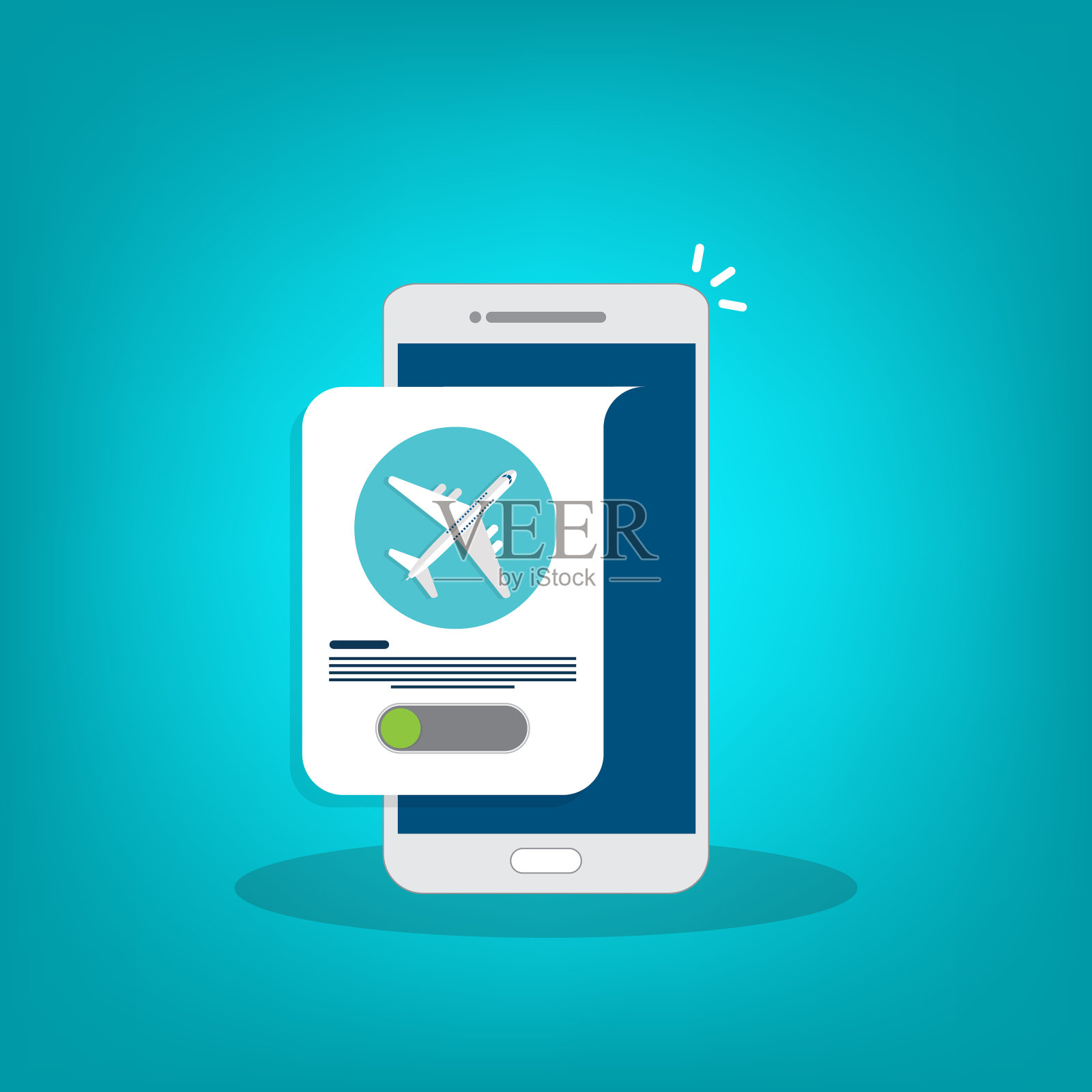 飞机模式打开。飞机智能手机通知。平面风格矢量插图插画图片素材