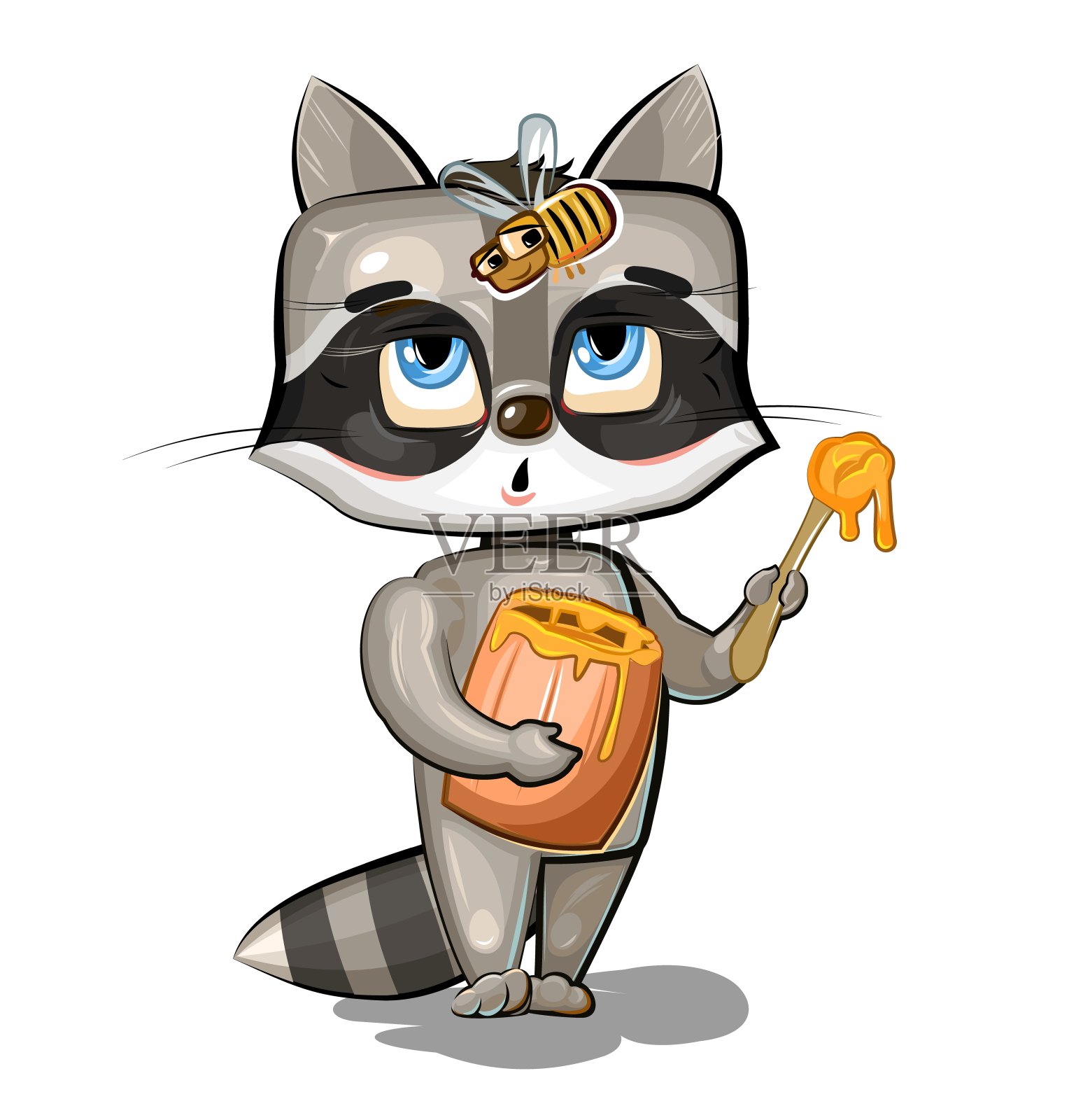 卡通浣熊吃着小木桶里的蜂蜜。害怕蜜蜂。滑稽幼稚的插图印刷。卡通风格的插图。白色背景上的孤立对象。向量插画图片素材