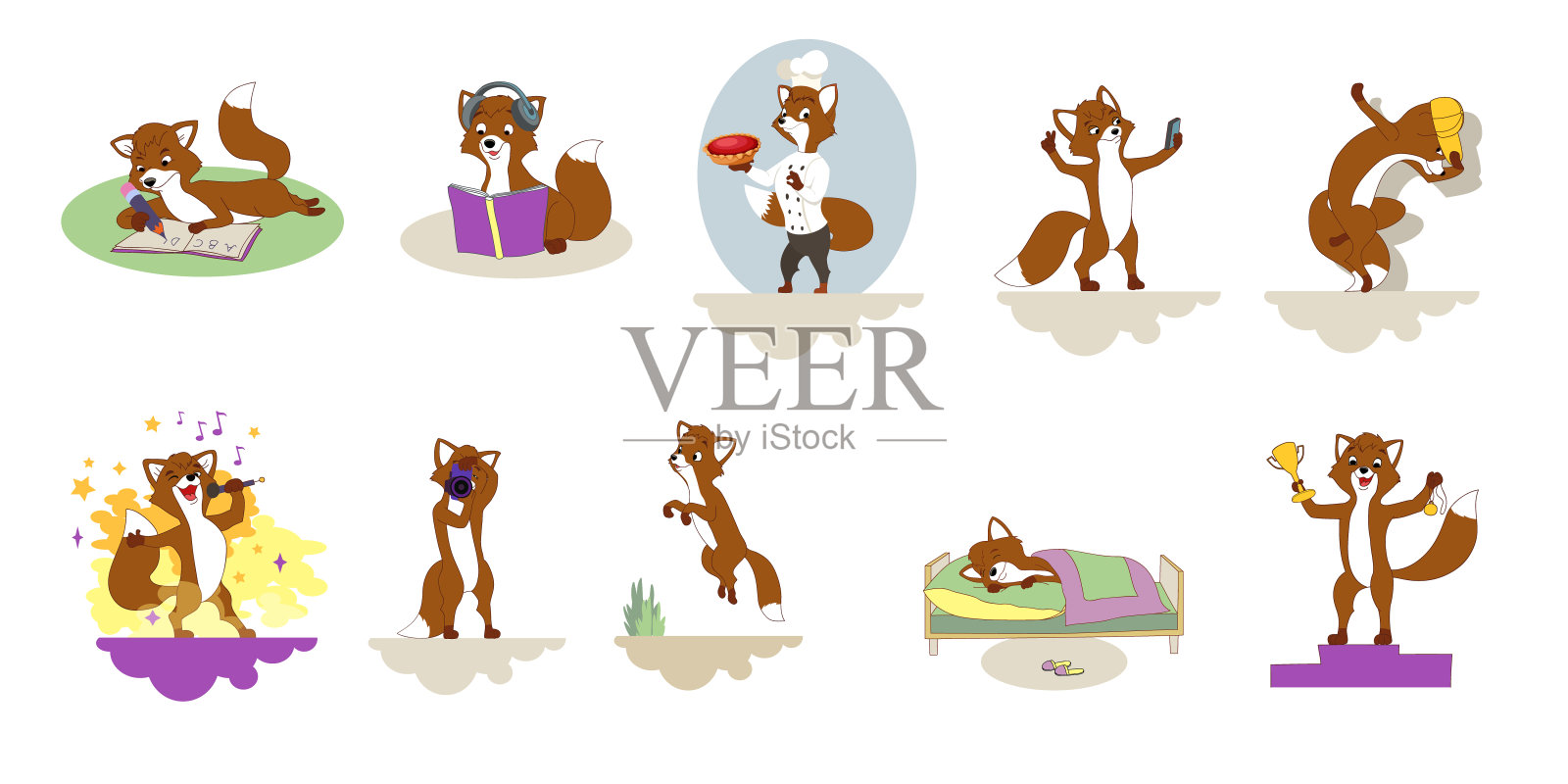 一套狐狸的日常生活、活动和爱好的插图。设计元素图片