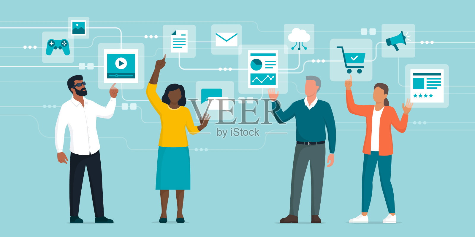 与虚拟接口和在线服务交互的用户插画图片素材