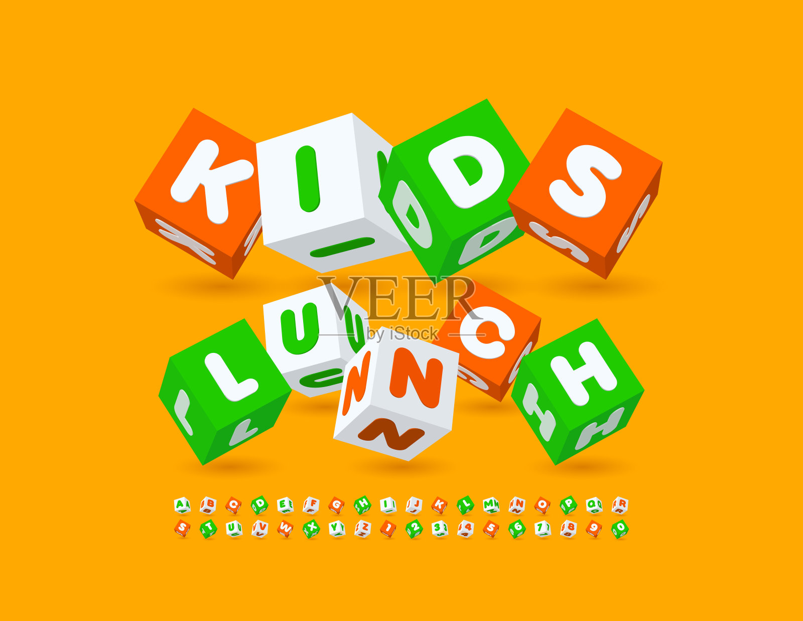 矢量可爱的标志孩子午餐与等距明亮的字母和数字设置插画图片素材