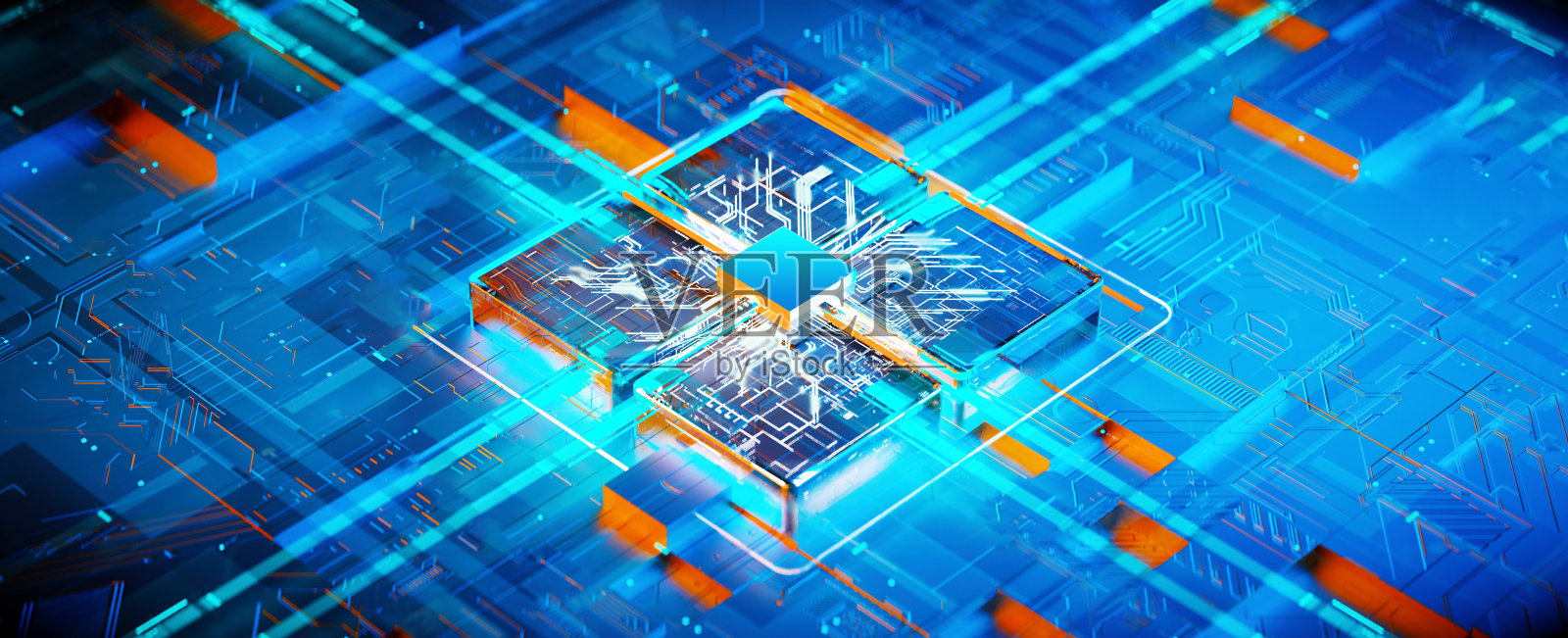 赛博朋克AI的3D渲染。电路板。技术背景。中央计算机处理器CPU和GPU的概念。数字芯片主板。技术科学背景。照片摄影图片