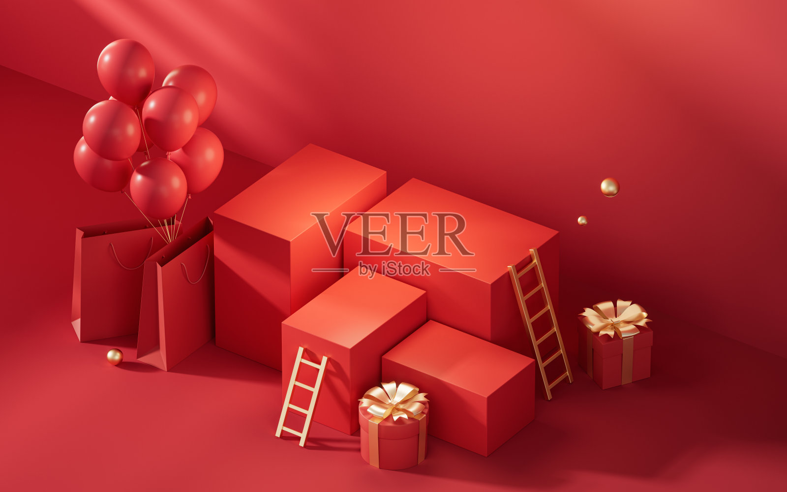 空旷的舞台，红色中式背景，3d渲染。照片摄影图片