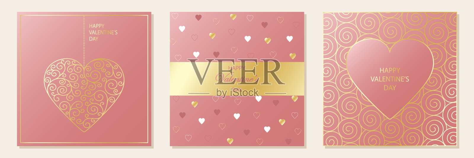 情人节快乐。一套贺卡。粉色方形背景，心形和金色饰品。设计模板素材