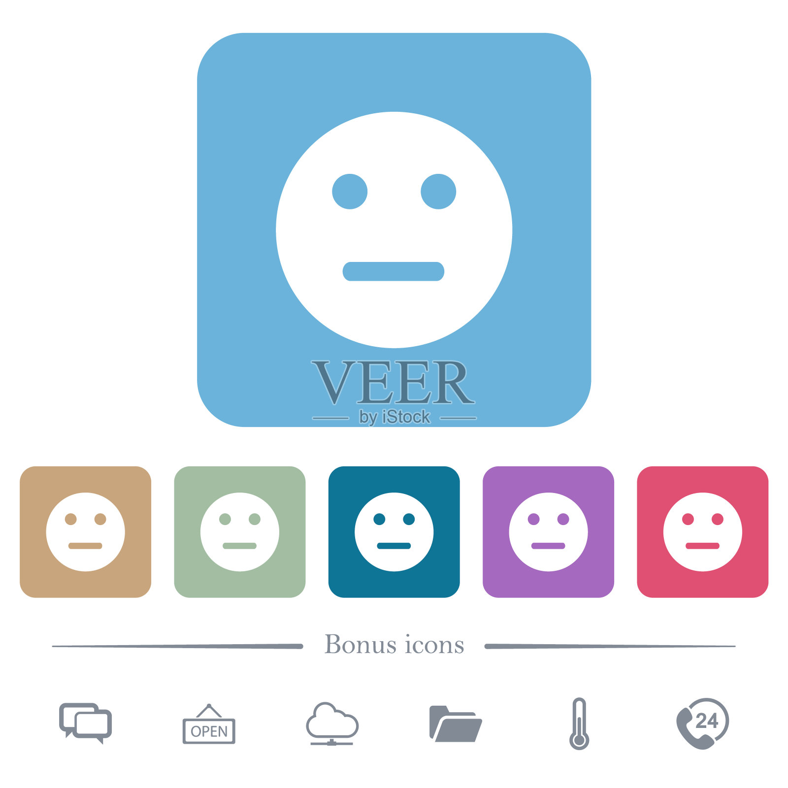 中性表情实心扁平图标在彩色圆角方形背景上图标素材