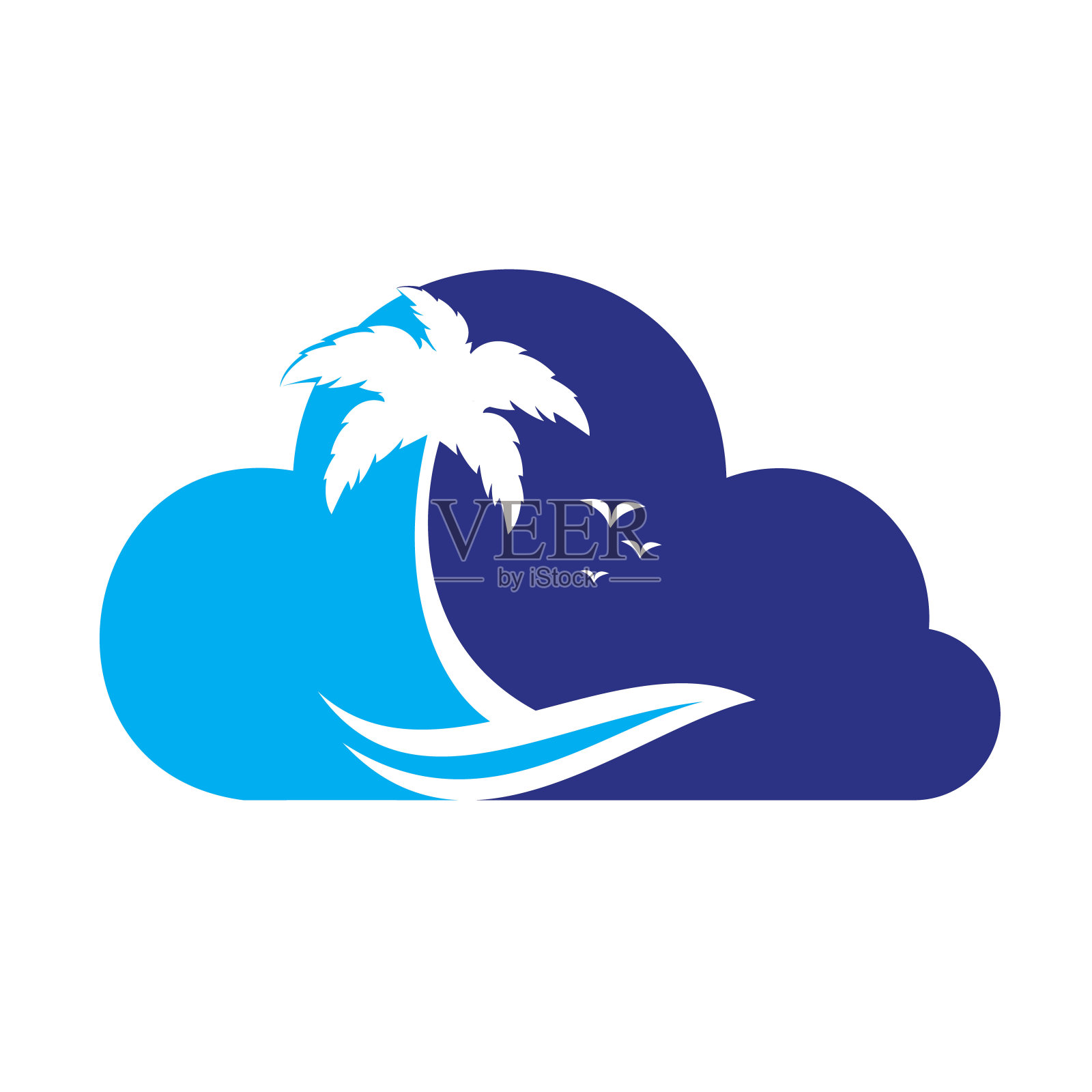 云沙滩和棕榈树矢量标志设计。插画图片素材