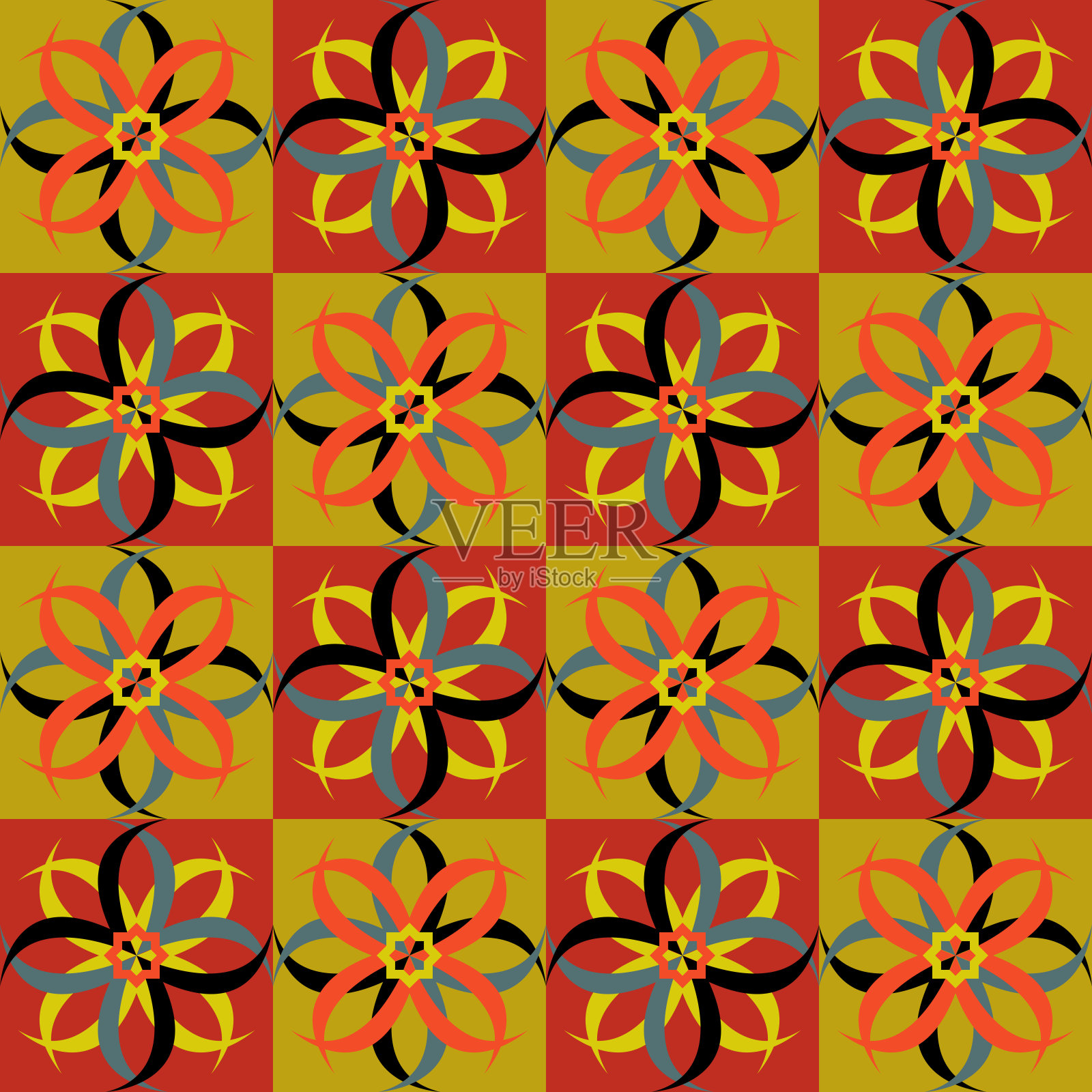 无缝瓷砖装饰与花卉几何图案的时尚暖色插画图片素材