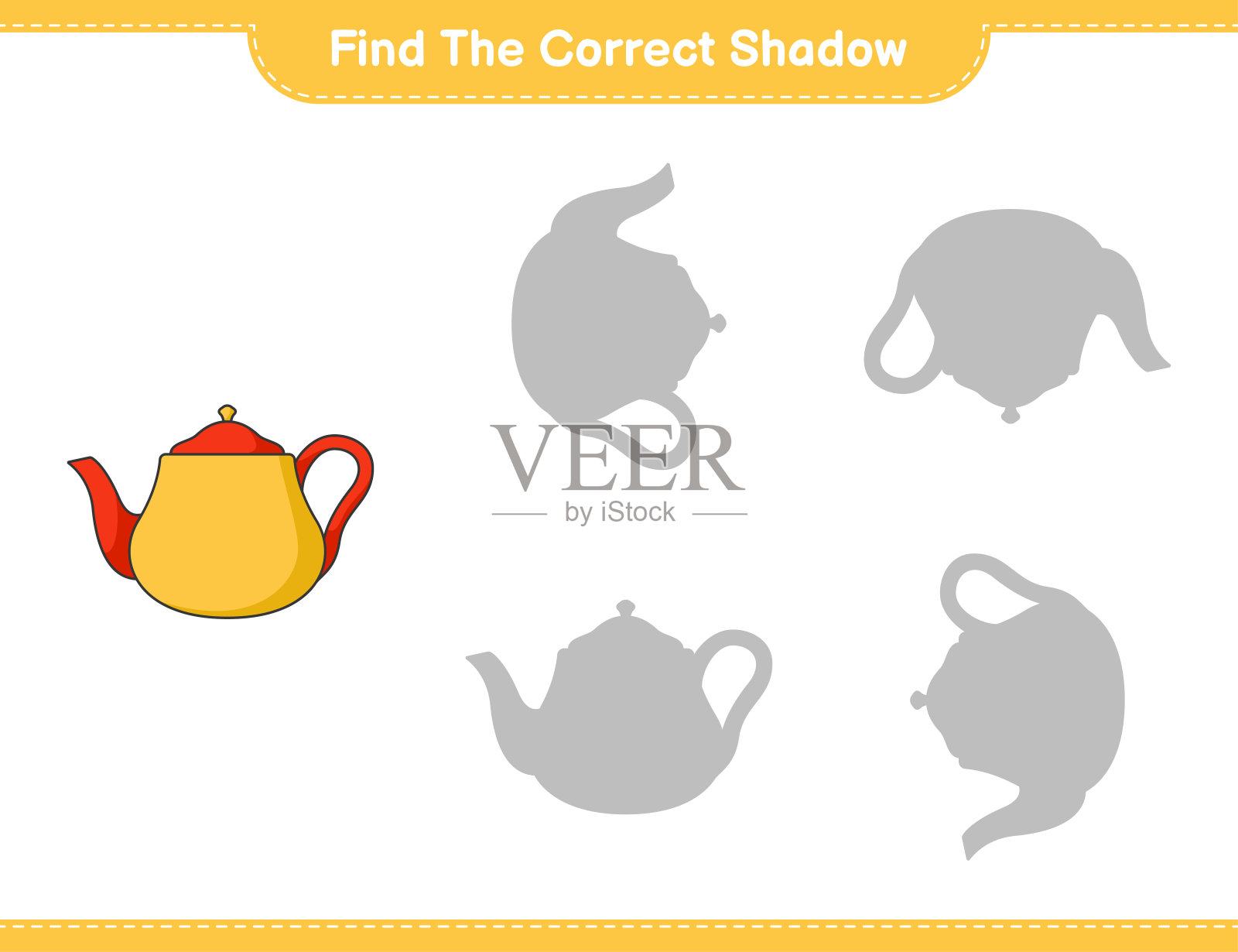 找到正确的影子。找到并匹配茶壶的正确影子。教育儿童游戏，可打印的工作表，矢量插图插画图片素材